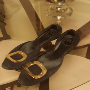 Roger Viviere black suede flats with gold buckle w